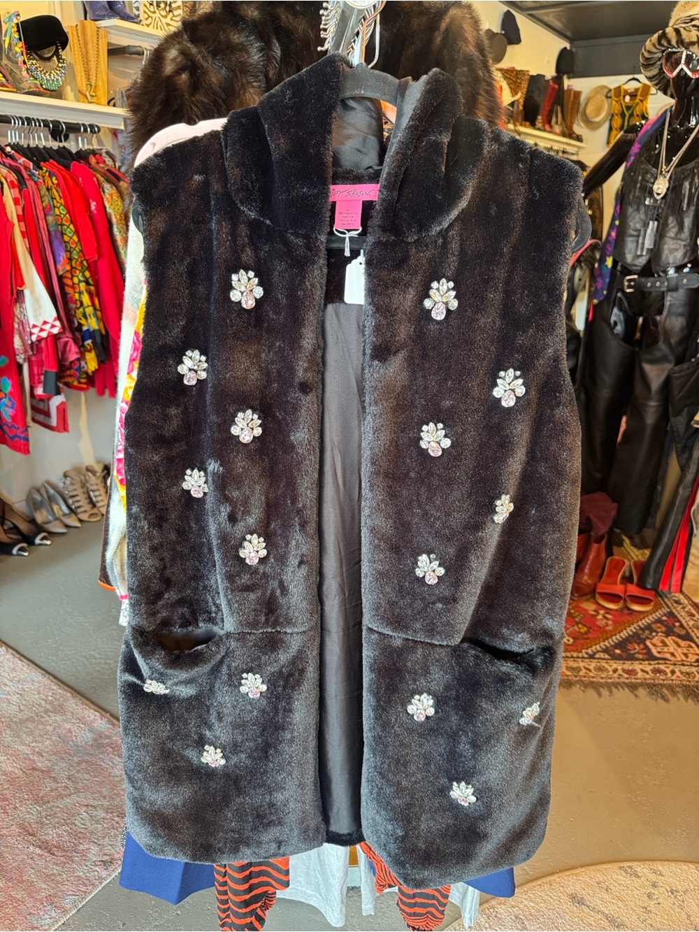 Betsey Johnson Embellished Black Faux Fur Hooded Vest